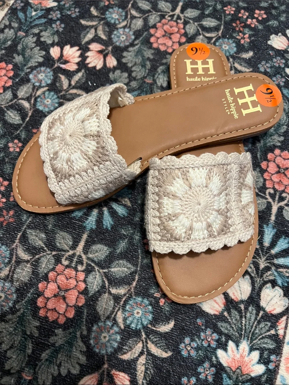 Haute Hippie Beige Granny Square Crochet Slide Sandals